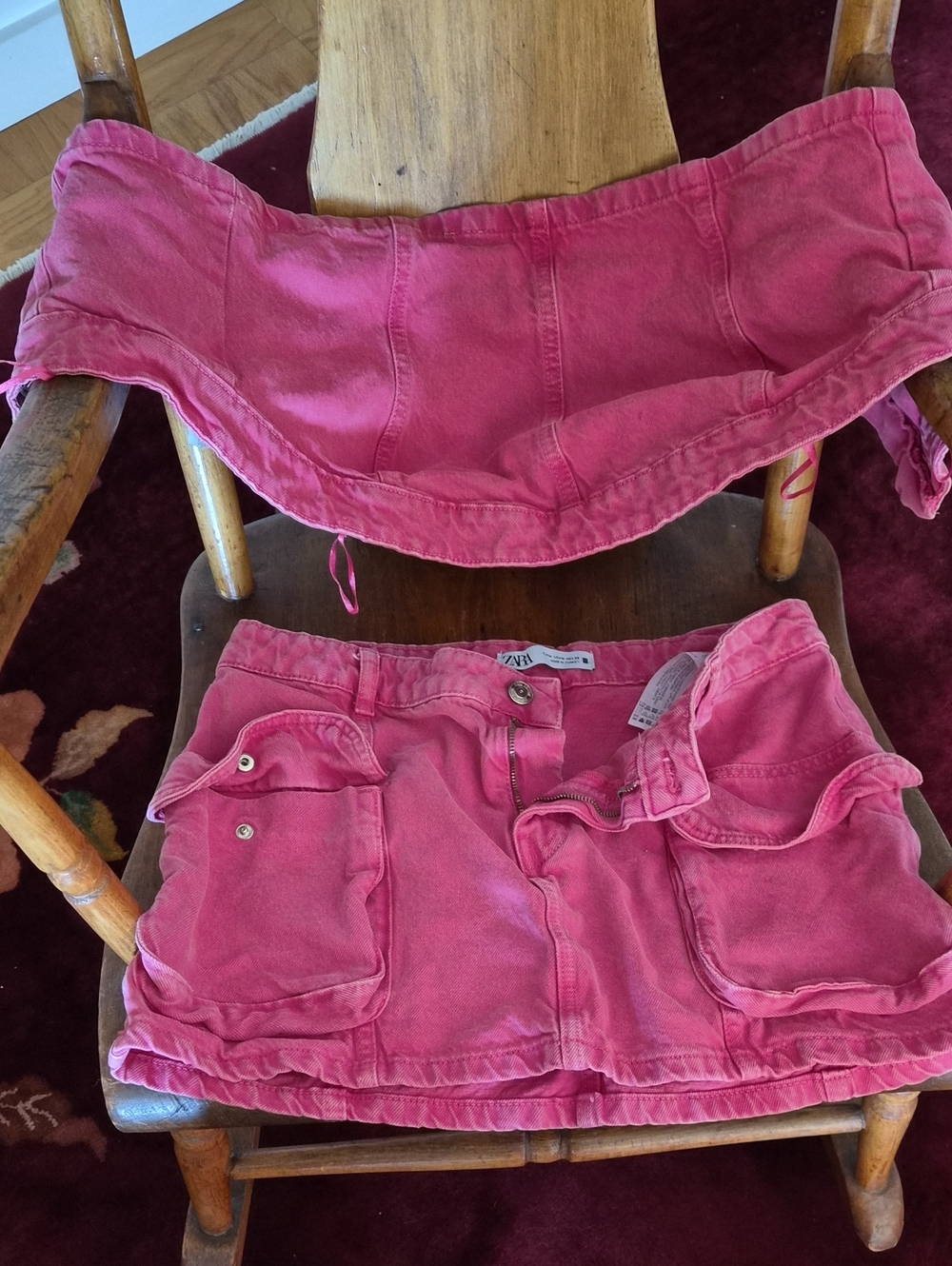 Zara Hot Pink Denim Crop Jacket & Cargo Mini Skirt Co-Ord Two Piece Set - Size M